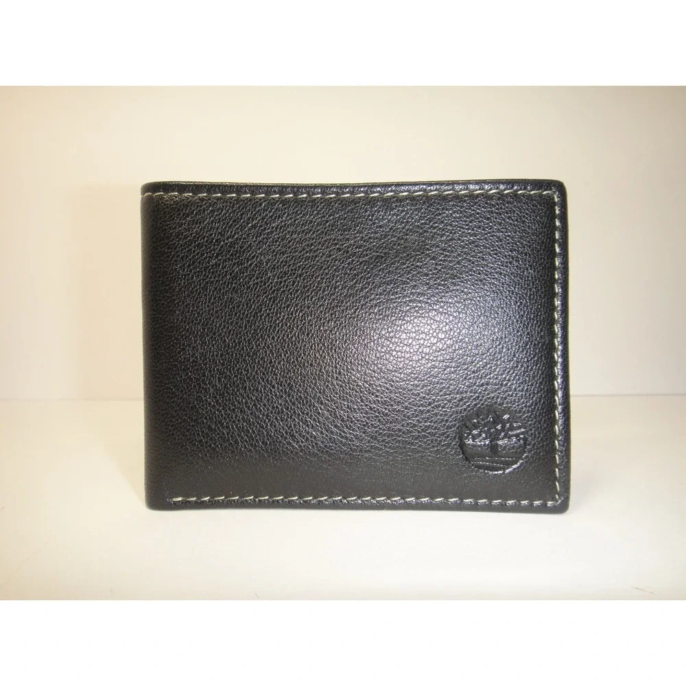 Timberland Men's Black Pebbled Genuine Leather Bifold Wallet with ID Window EUC
